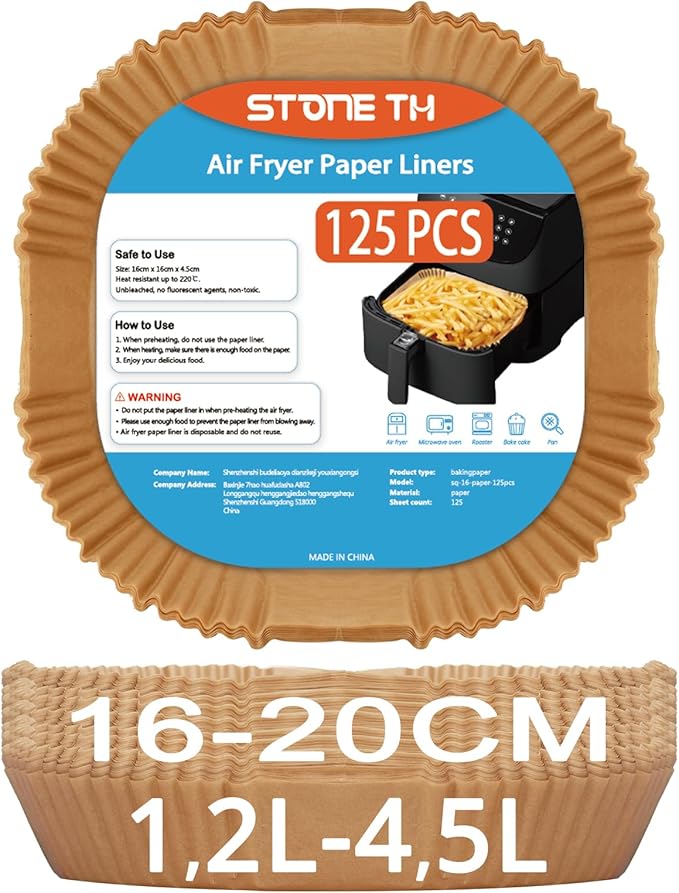 125 Stück Backpapier für Heißluftfritteuse 1,2L-4,5L, Stone TH 16-20cm Airfryer Backpapier Pergamentpapier Liner Kompatibel mit COSORI Philips Cecotec Midea Russell Hobbs Airfryer